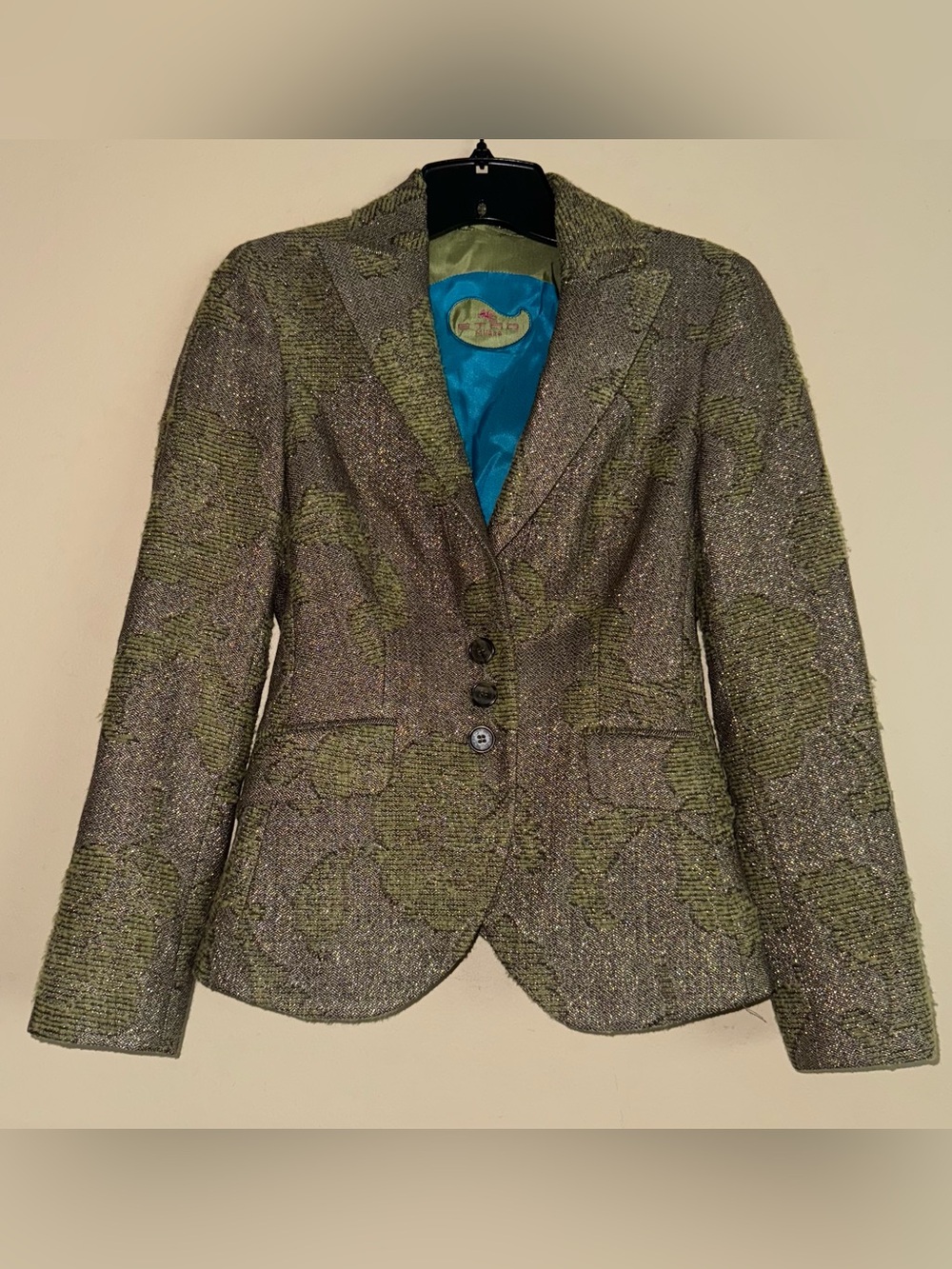 ETRO Wool Blend Metallic Floral Herringbone Abstract Textured Blazer Size 38